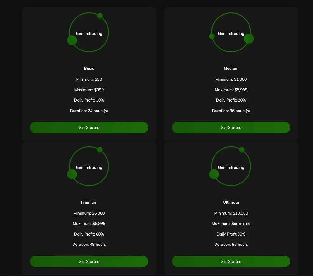 Website page showing different investment schemes.
